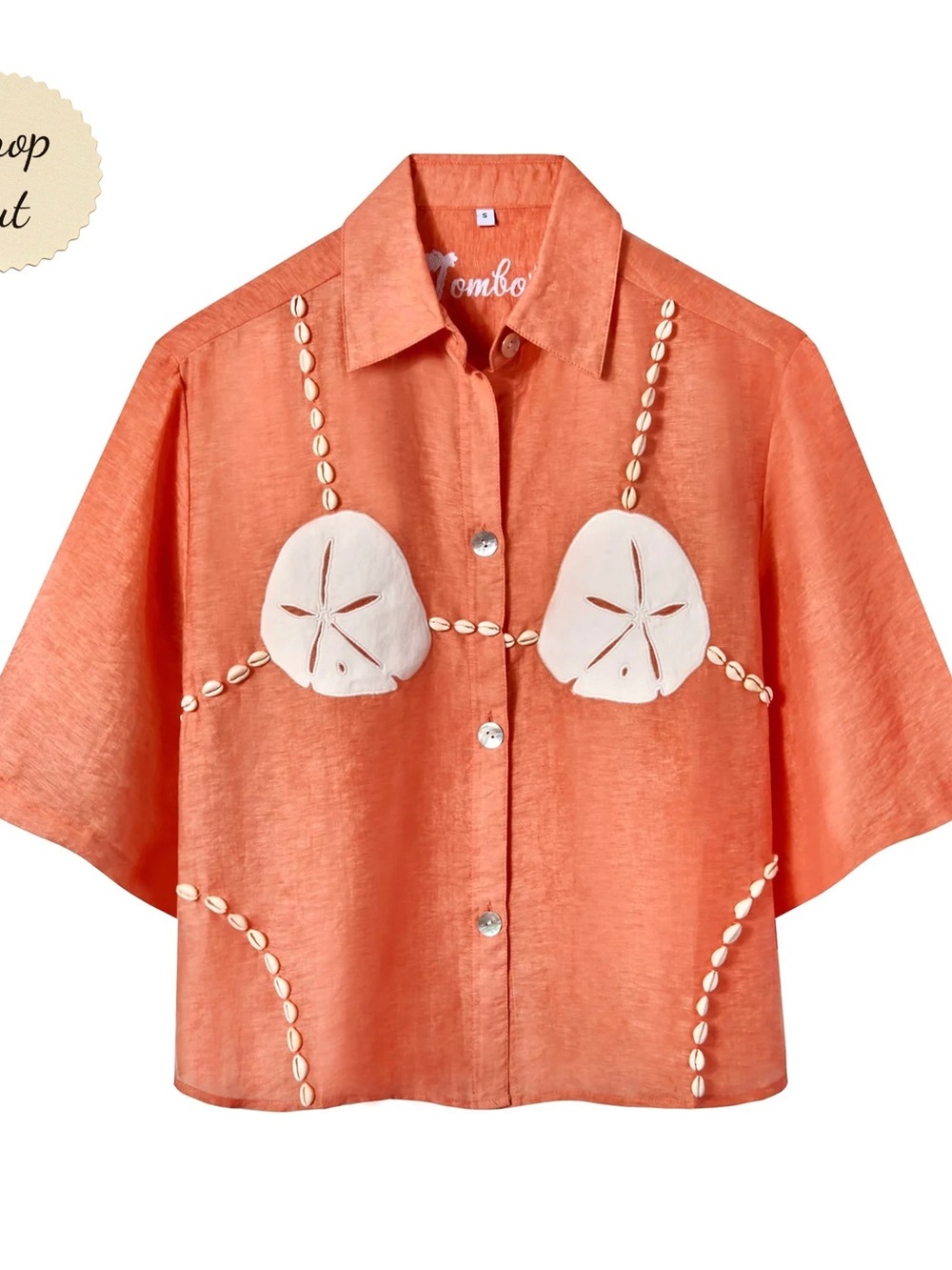 TOMBOLO Orange Embroidered Sand Dollar Button-Up Shirt